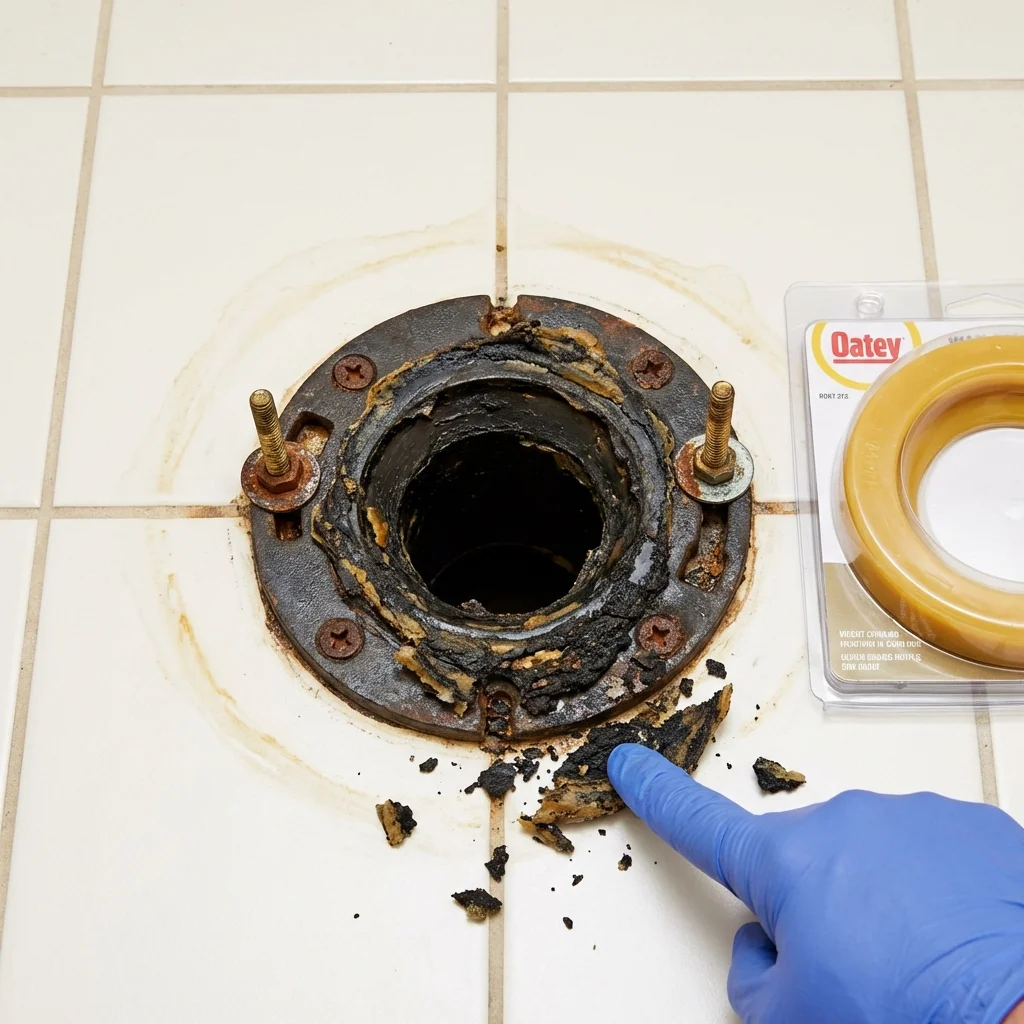 Failed wax ring showing water seepage at the base of a toilet in a Greenville, MI home