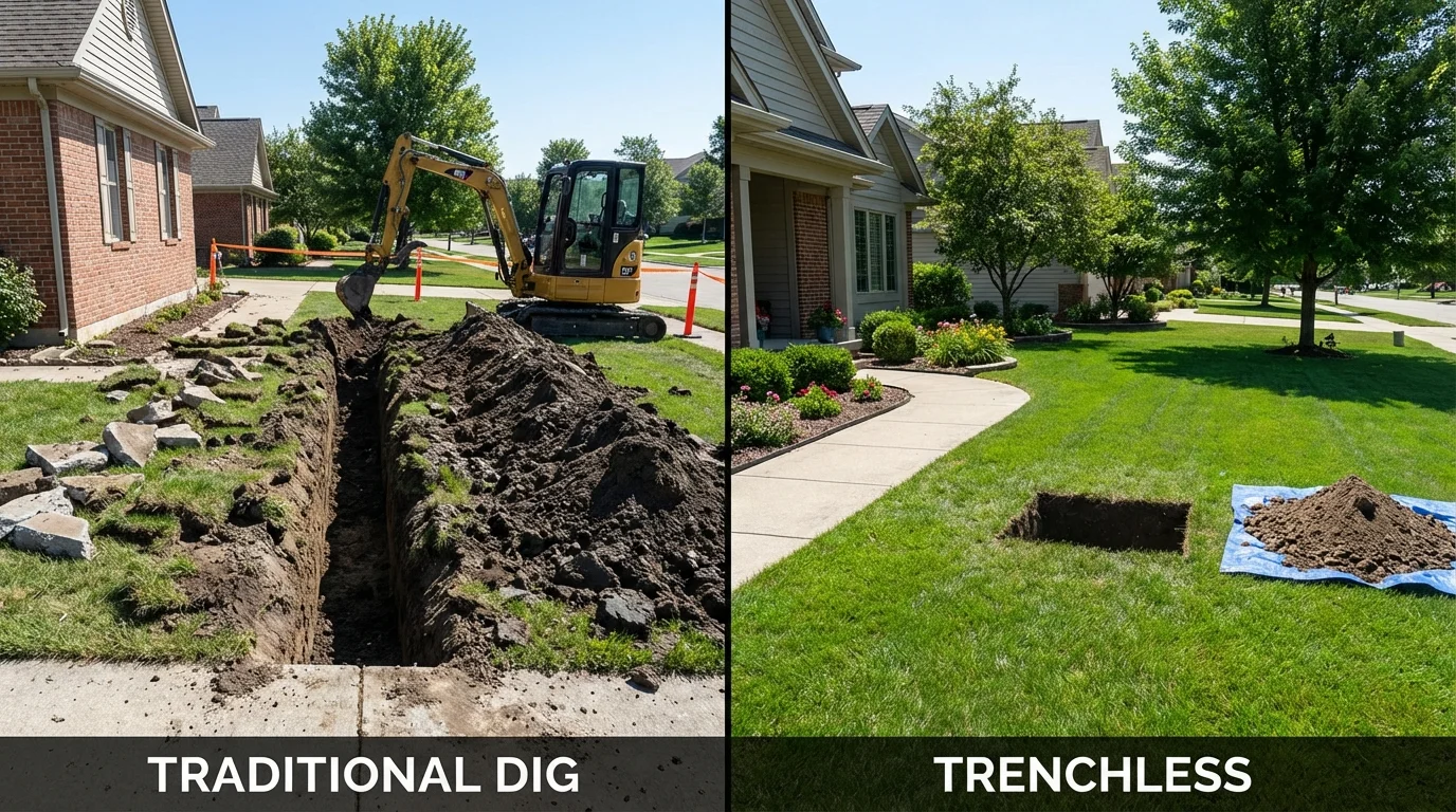 Trenchless sewer repair with minimal yard damage versus traditional excavation in Greenville, MI