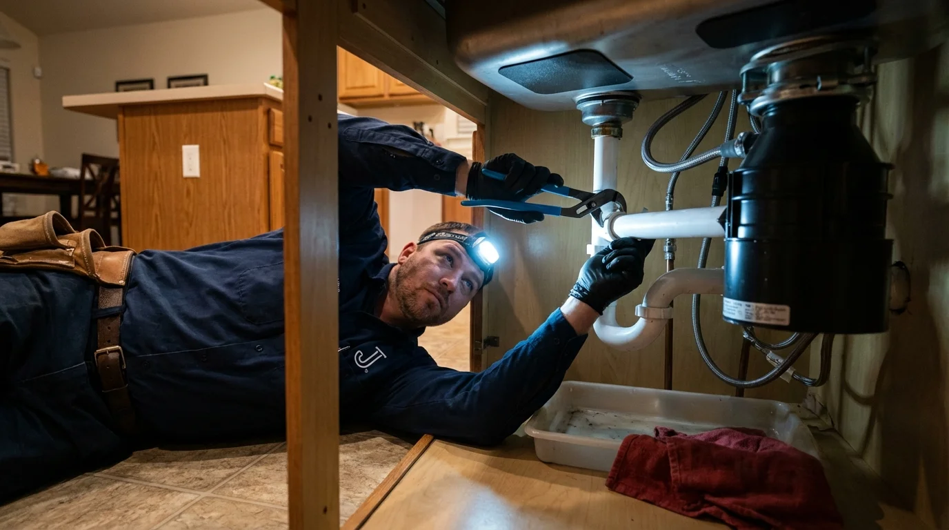 P-trap and supply line connections under a kitchen sink showing a common leak point in Greenville, MI